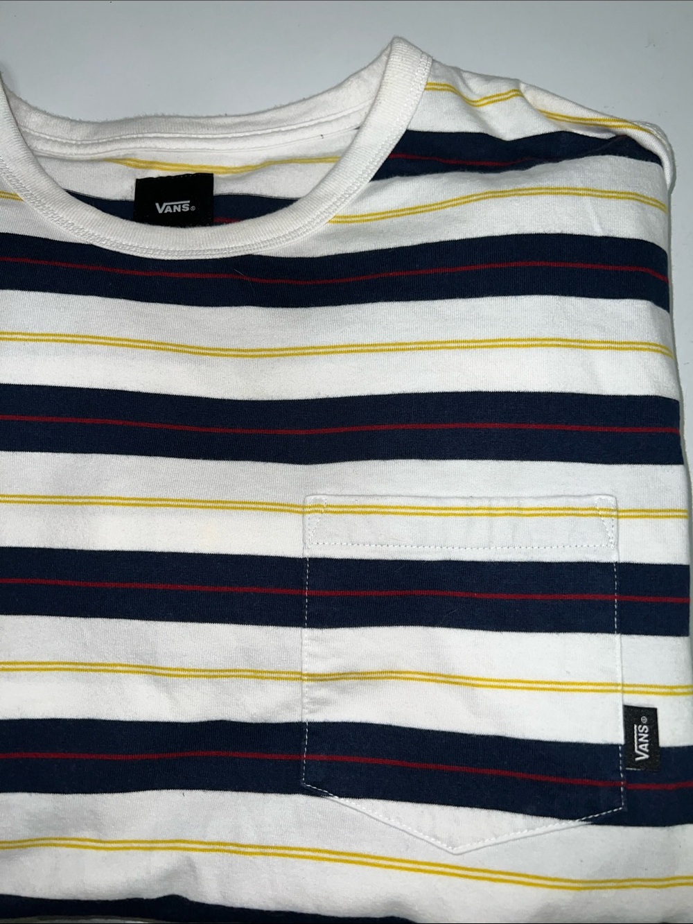 Vans White Navy Yellow Red Striped Pocket Tee